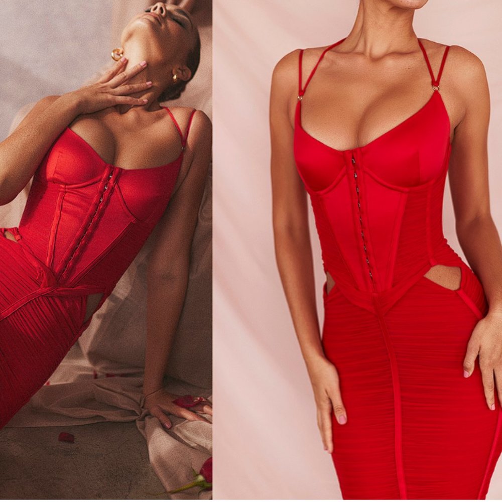 HOUSE OF CB 'Maya' Scarlet Ruched Midi Dress NWOT - Picture 2 of 6
